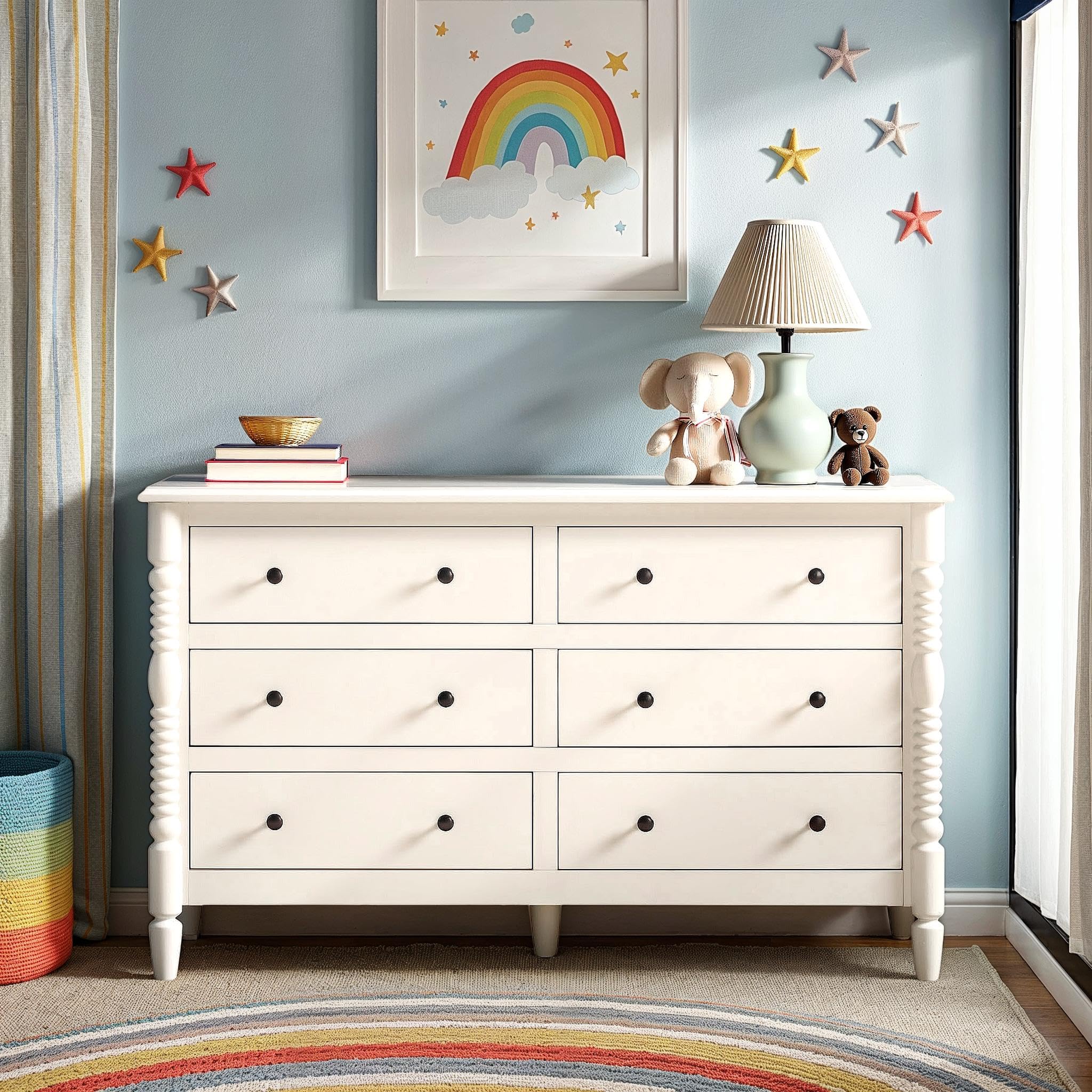 Photo 1 of Walker Edison EZ Assembly™ Premium Traditional Solid Wood 6-Drawer Dresser, Vintage Chest of Drawers, Spindle Dresser, Quick Assembly Furniture, 54 Inch, White