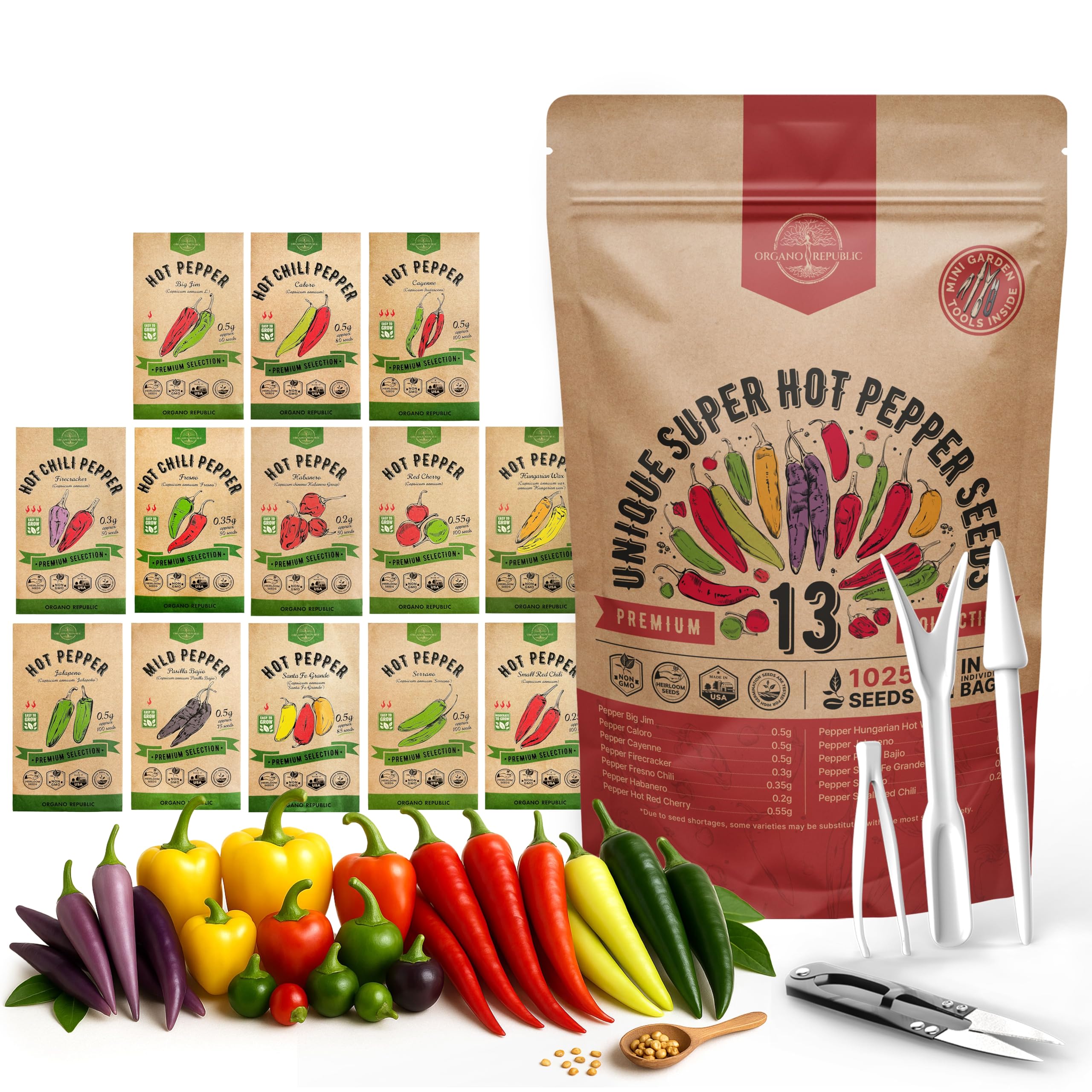 Photo 1 of Organo Republic 13 Unique Super Hot Pepper Seeds Variety Pack - 1,020+ Non-GMO Heirloom Pepper Seeds for Outdoor and Indoor Home Gardening, Including Pepper Caloro, Firecracker, Habanero, Fresno Chili