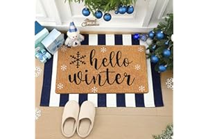 Moucuny 2 Pcs Hello Winter Door Mat Outdoor Snowflake Nature Coir Welcome Outdoor Rug Dark Blue White Stripe Winter Front Door Rugs Non Slip Floor Mats for Indoor Entrance Porch Decor