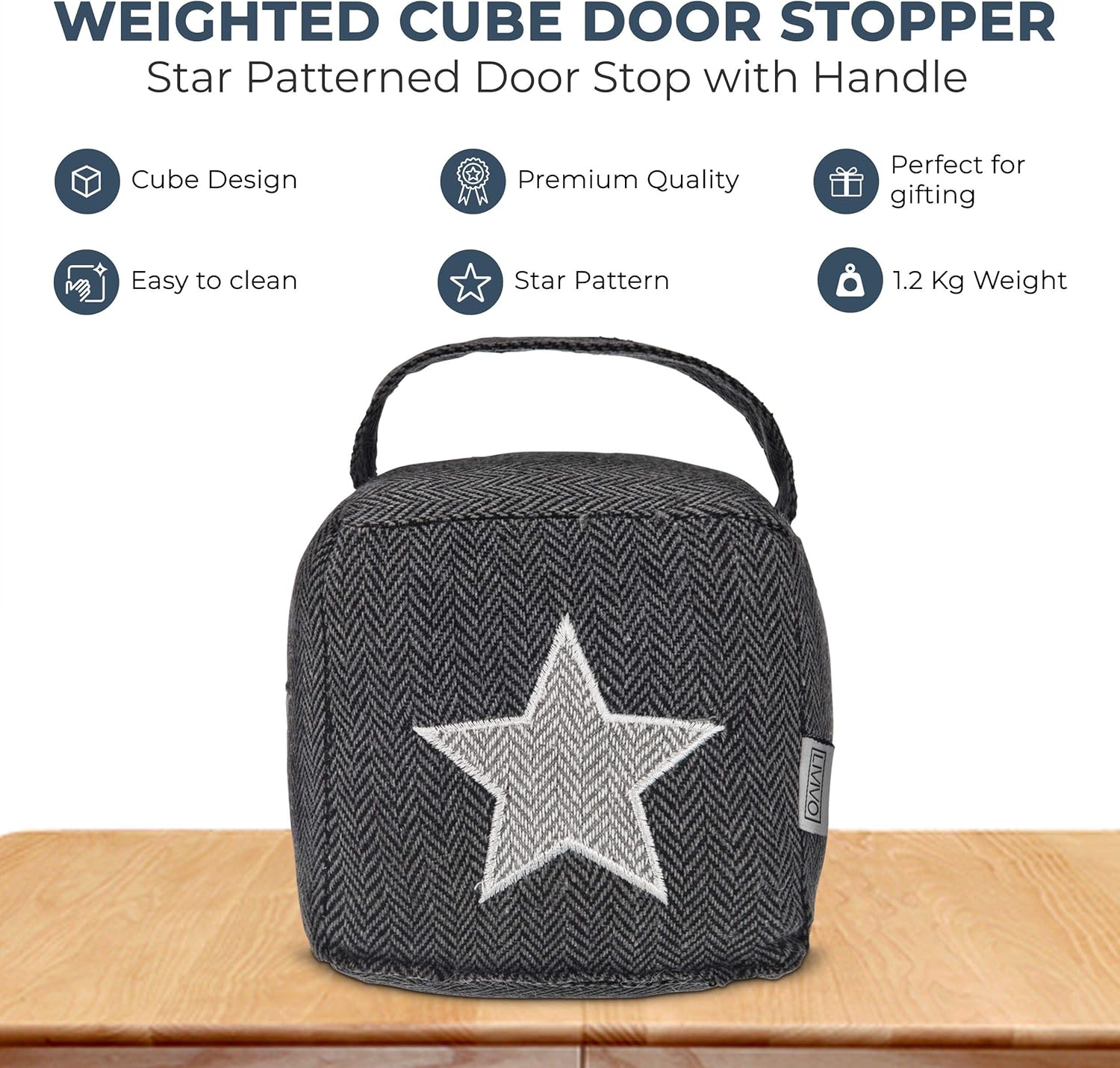 LIVIVO Heavy Cube Door Stopper with Handle, Tweed-Style Tough Fabric Cover Weighted Cute Novelty Stop (Star) - Image 3