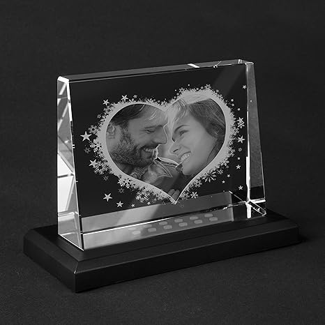 Personello® Personalisierbares Glasfoto mit LED Leuchtsockel, Fotogeschenk zur Hochzeit, Glasfoto mit Herz, Geburtstagsgesche