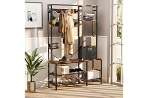 JAMFLY Hall Tree Coat Rack with Bench, 47'' Entryway Bench with Shoe Storage and Coat Hooks, 5 in 1 Large Organizer with Fabric Storage Basket for Entryway Hallway Mudroom Bedroom (Rustic Brown)