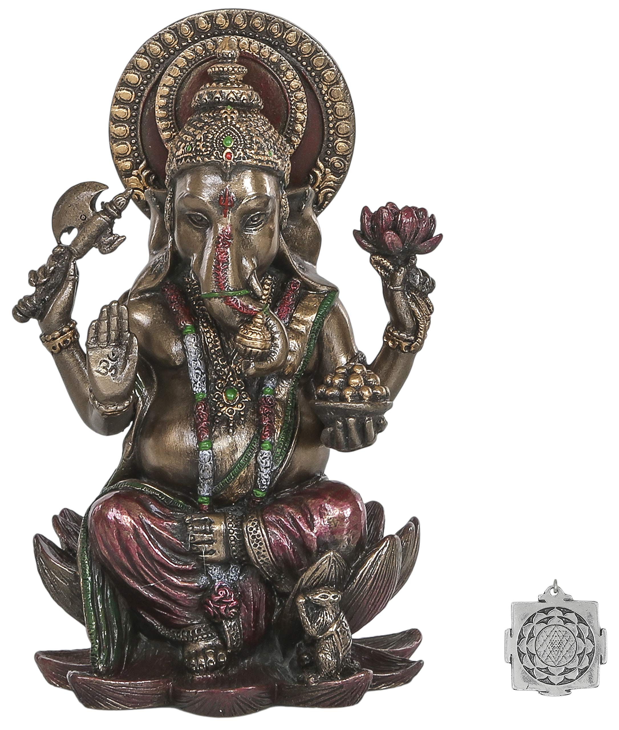 SARIMOIRE Ganesh Statue - Hindu Altar Supply Kit - 4 inch (H) Cold Cast Bronze Ganpati Lord of Success Destroyer Remover Of Evils and Obstacles ~ Lotus Sri Yantra Ornament