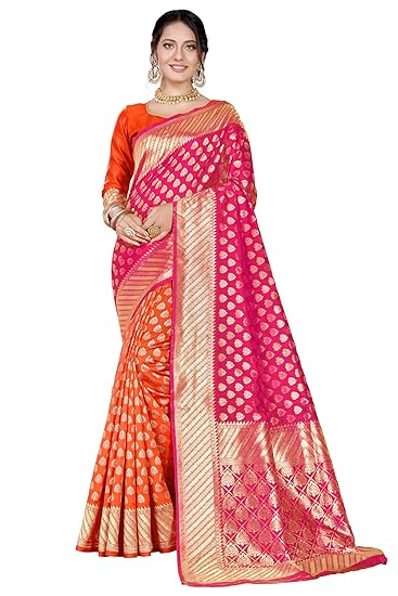 Womens Silk Blend Banarasi Saree (Pink)