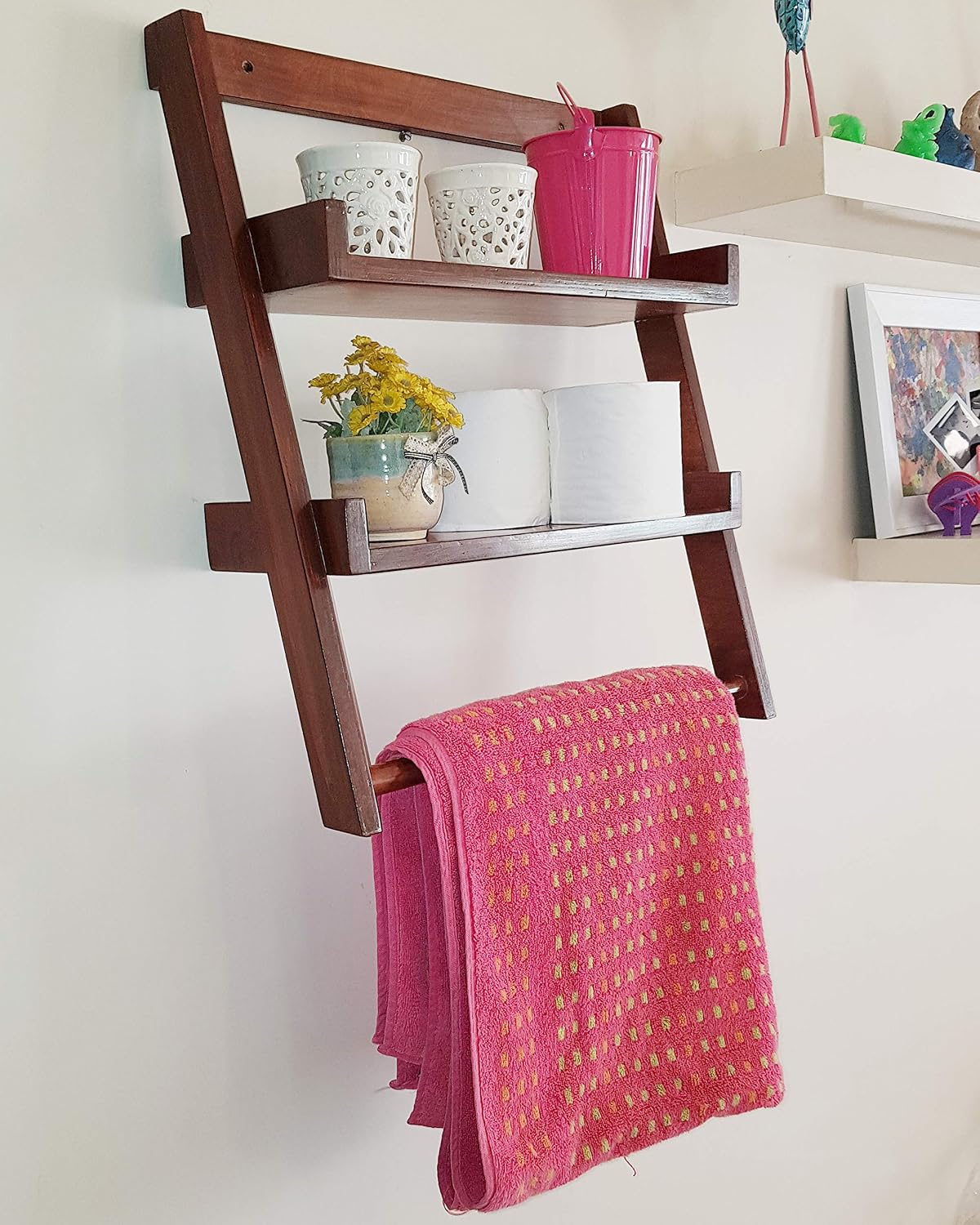 Lycka Birch Wood Wall Mounted Shelves Ladder Shelf Display Racks With Napkin And Towel Holder For Bathroom Bedroom Black Amazon In Home Kitchen