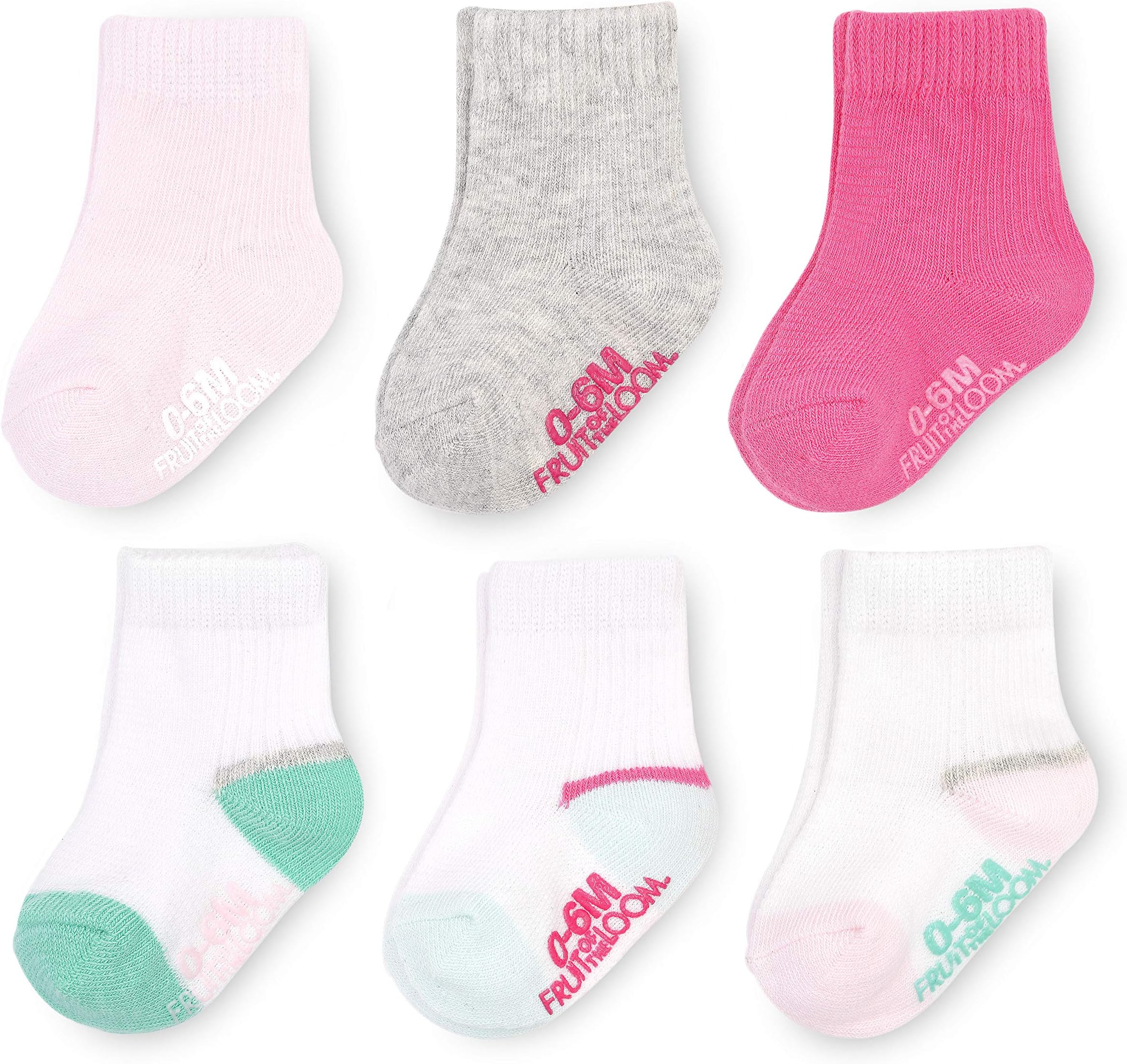 Fruit of the Loom Baby 6-Pack Grow & Fit Cotton Stretch Socks - Unisex, Girls, Boys (Pink, 6-12 Months)