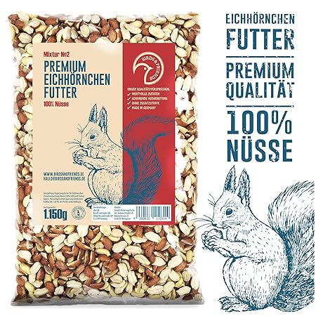 Birds&Friends Eichhörnchenfutter, 1,15 kg Futter für Eichhörnchen und Streifenhörnchen, Erdnüsse Rot/Weiß
