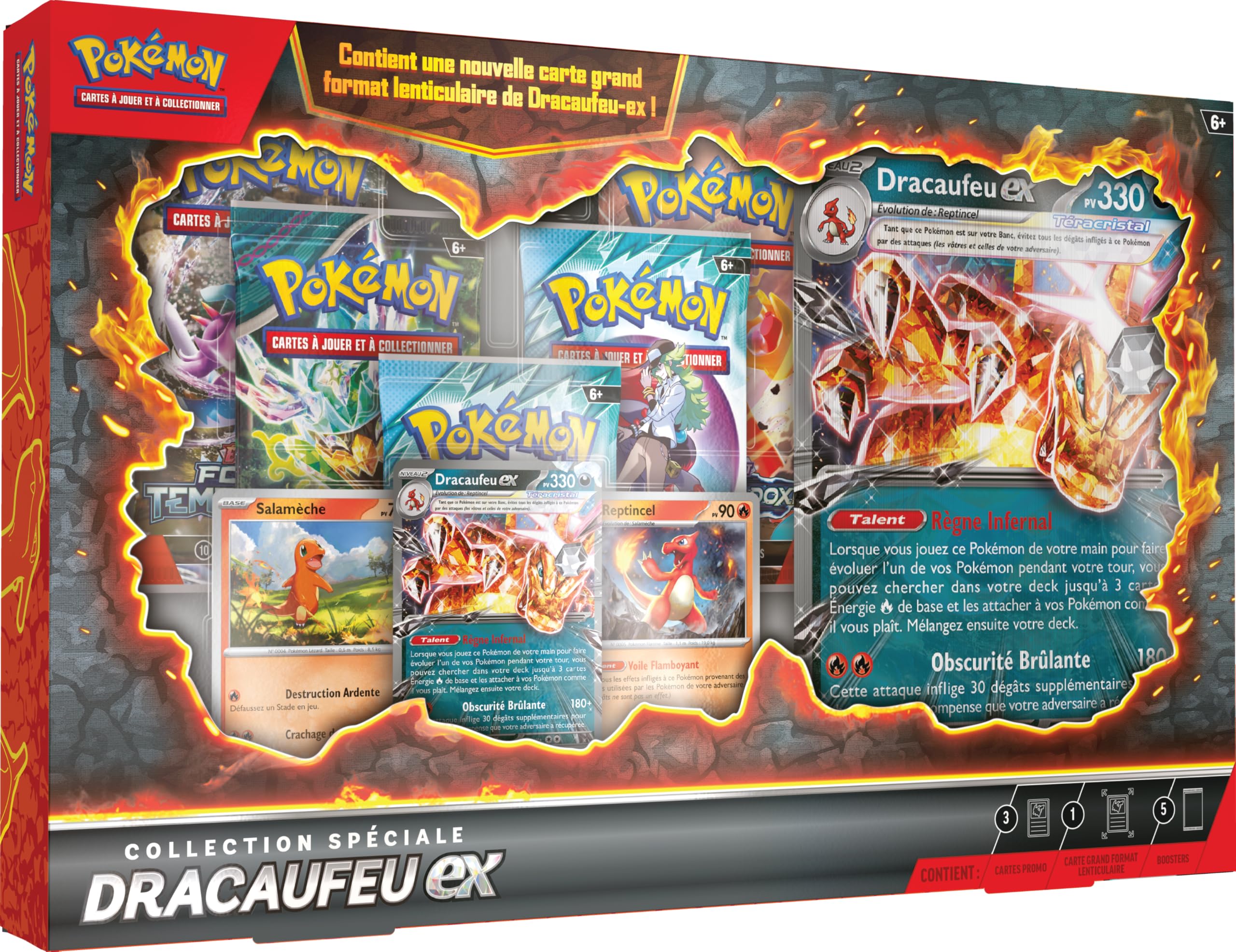 Pokémon : Pokémon TCG Charizard Special Collection (1 Glossy Promo Card, 2 Shiny Cards, 1 Large Lenticular Card and 5 Boosters)