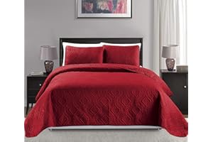 MK HOME Mk Collection Full/Queen Size Over Size 100"x106" 3pc Diamond Bedspread Bed-Cover Embossed Solid Red New