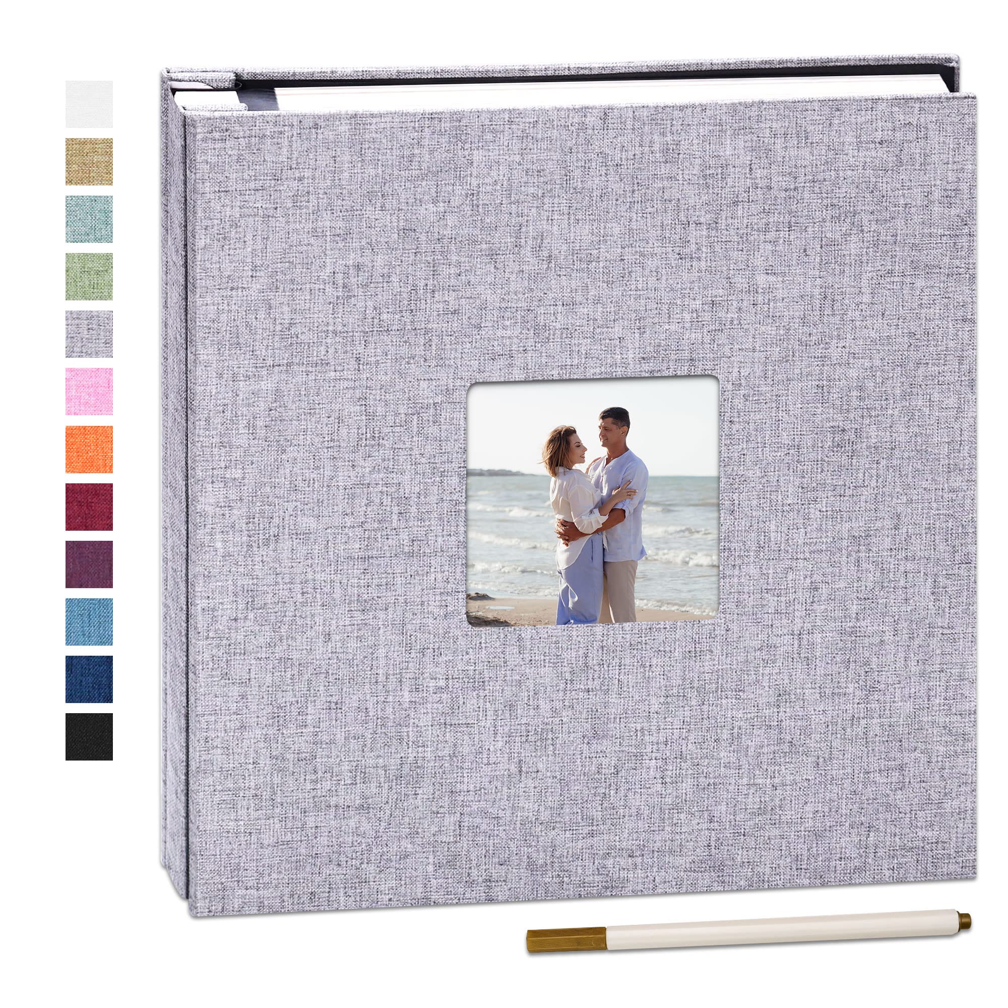 Yopih Self Adhesive Photo Album 33x32cm Fits 10x15 8x13 13x18 15x20 20x25 cm Photo Scrapbook with Window 40 Pages Linen Cover with A Metallic Pen DIY Memory Book for Baby Wedding Family Grey
