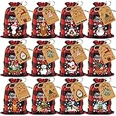 72pcs Cotton Medium Christmas Drawstring Buffalo Plaid Xmas Gift Bags Cotton Xmas Candy Small Christmas Fabric Goody Gift Bags Treat Sacks Reusable Gift Wrapping Holiday Party Favors - Red/Black