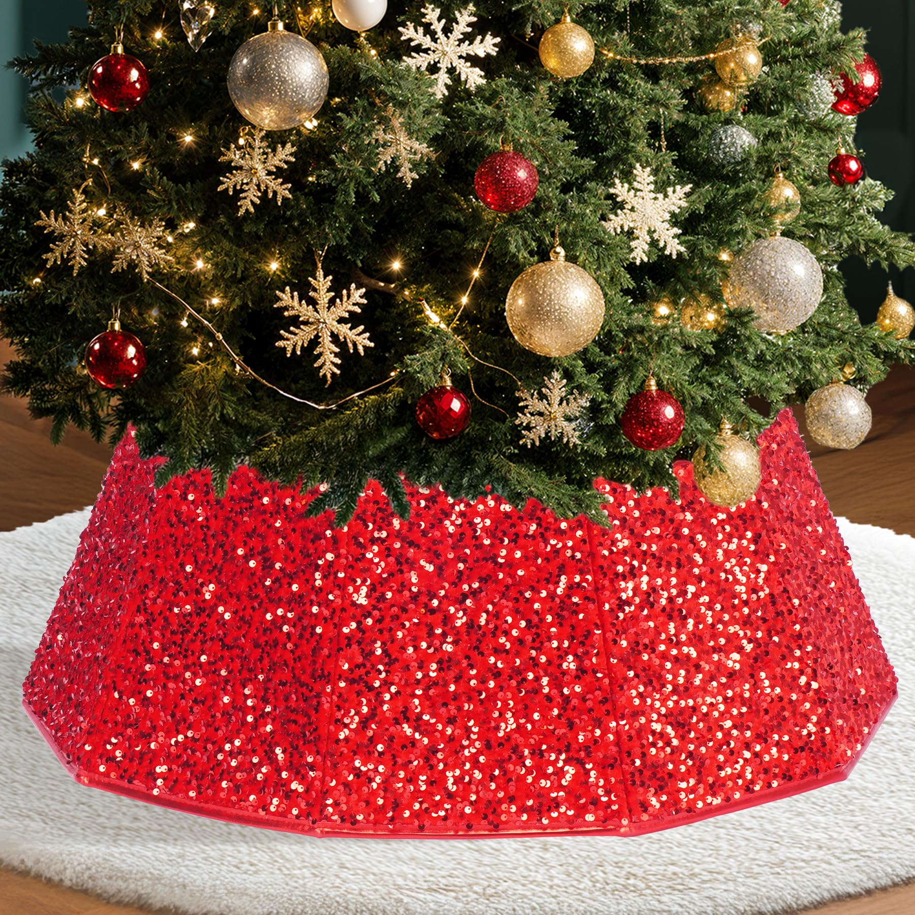 Photo 1 of 29 inch Decagonal Shape Christmas Tree Skirt - Sparkling Glitter Fabric, Foldable Design for Easy Setup & Storage for Christmas and Halloween Decoration Trees with a Height of Less Than 9 FT