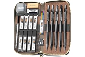 STAGEEK Metal Mechanical Pencil Set in Leather Case, 5PCS Art Drafting Pencil 0.3, 0.5, 0.7, 0.9 & 2mm Lead Holder, 9 Tube (4B 2B HB 2H Colors) Lead Refills for Drawing, Sketching, Writing (Black)