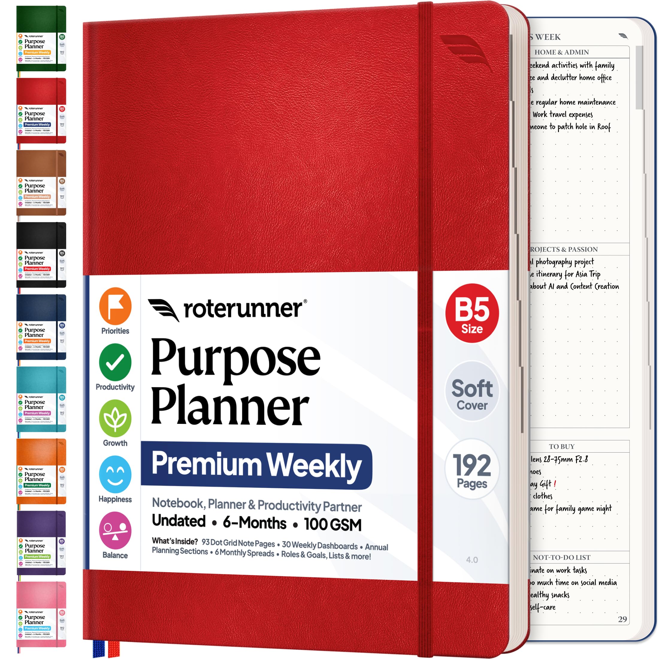 Roterunner Purpose Planner Notebook B5 7.5”x9.8” Undated Planner 2025 Daily Weekly and Monthly Productivity Goal Setting Tool for Work Home