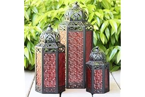 VELA LANTERNS Moroccan Candle Lantern Decorative Set of 3 for Floor, Ramadan Decorations, Indoor Home Decor, Outdoor Patio or Porch, Weddings, Red
