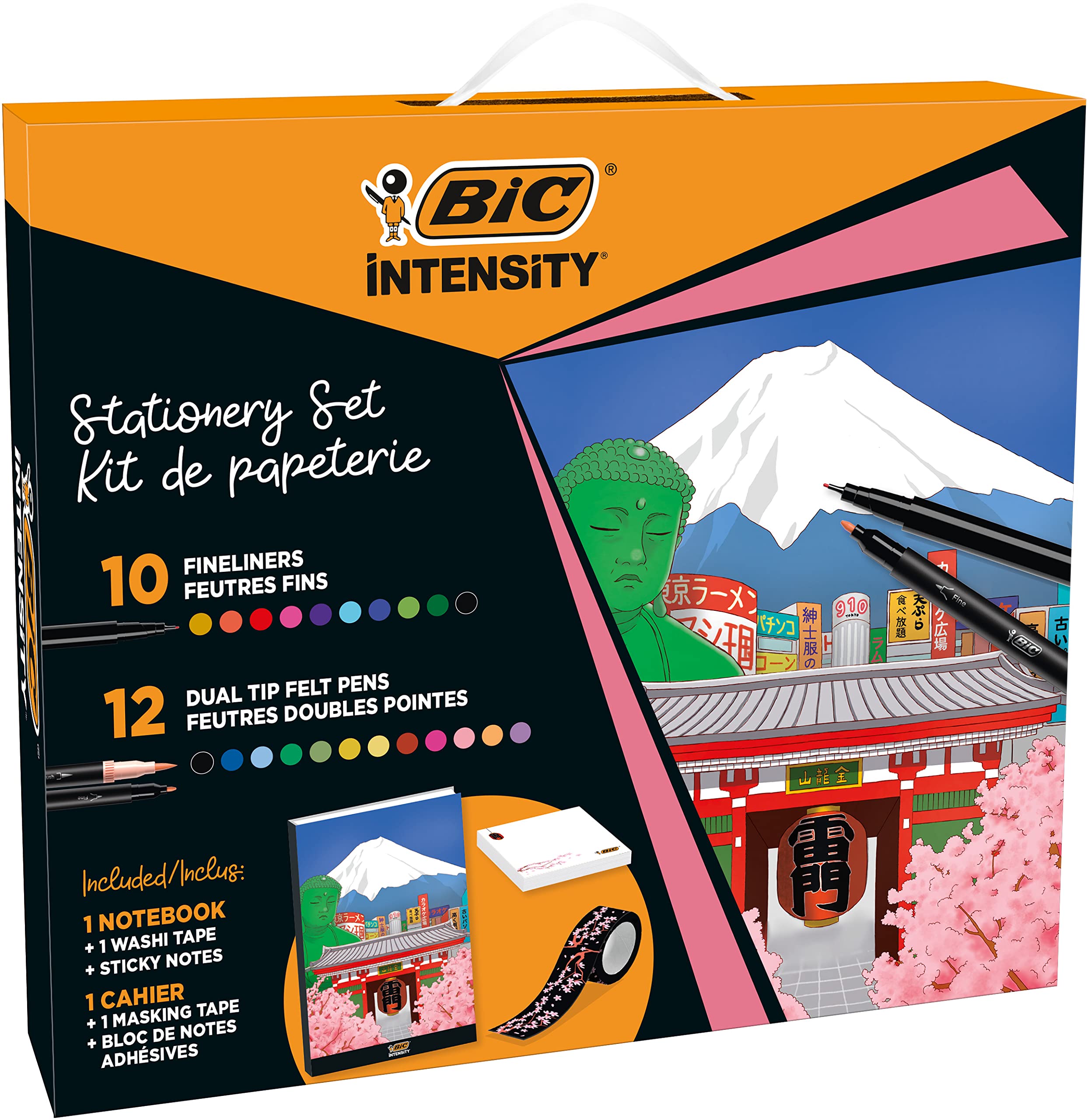BIC Intensity Stationery Set, 12 Colouring Felt Tip Pens with Dual Tips, 10 BIC Pens with Fineliners, 1 Notebook with Washi Tape and Sticky Notes, School Supplies, 25 Pack