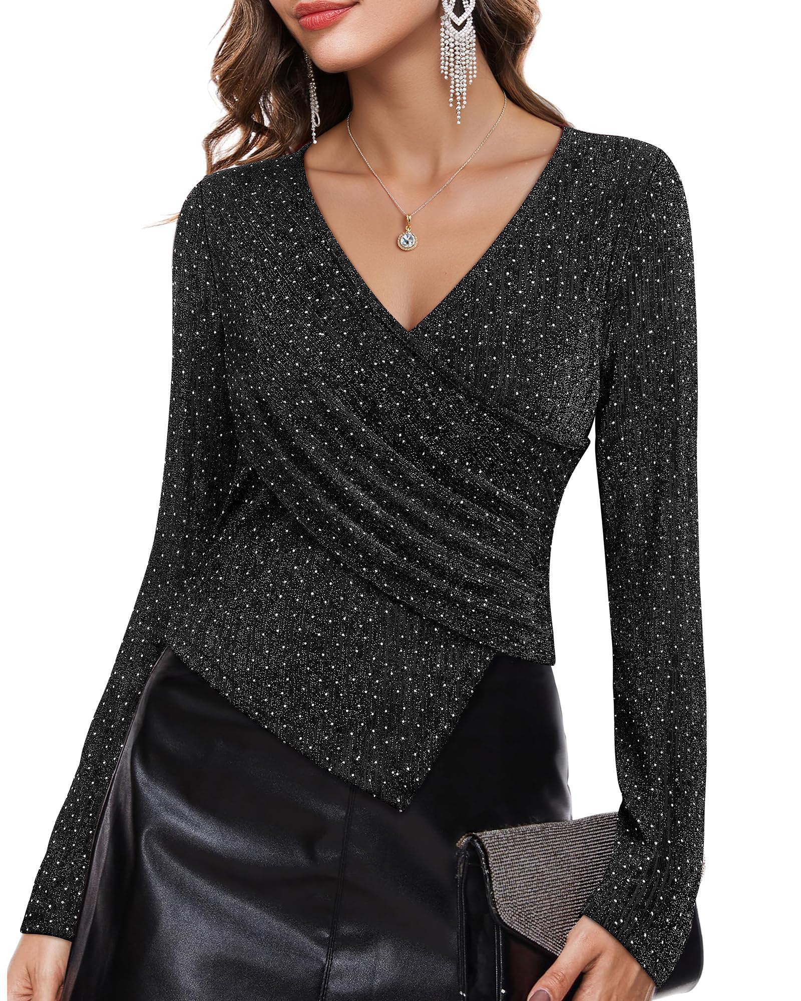 Photo 1 of ***STOCK PHOTO FOR REFERENCE ONLY***
VALOLIA Black Sparkly Top: Womens Holiday Tops Dressy - Dressy Blouses for Women - Disco Top Black XL