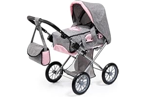 Bayer - Dolls Pram City Star Grey Pink Butterfly - Baby Stroller for Dolls with Bag, Adjustable Handle, Foldable - Dolls Up t