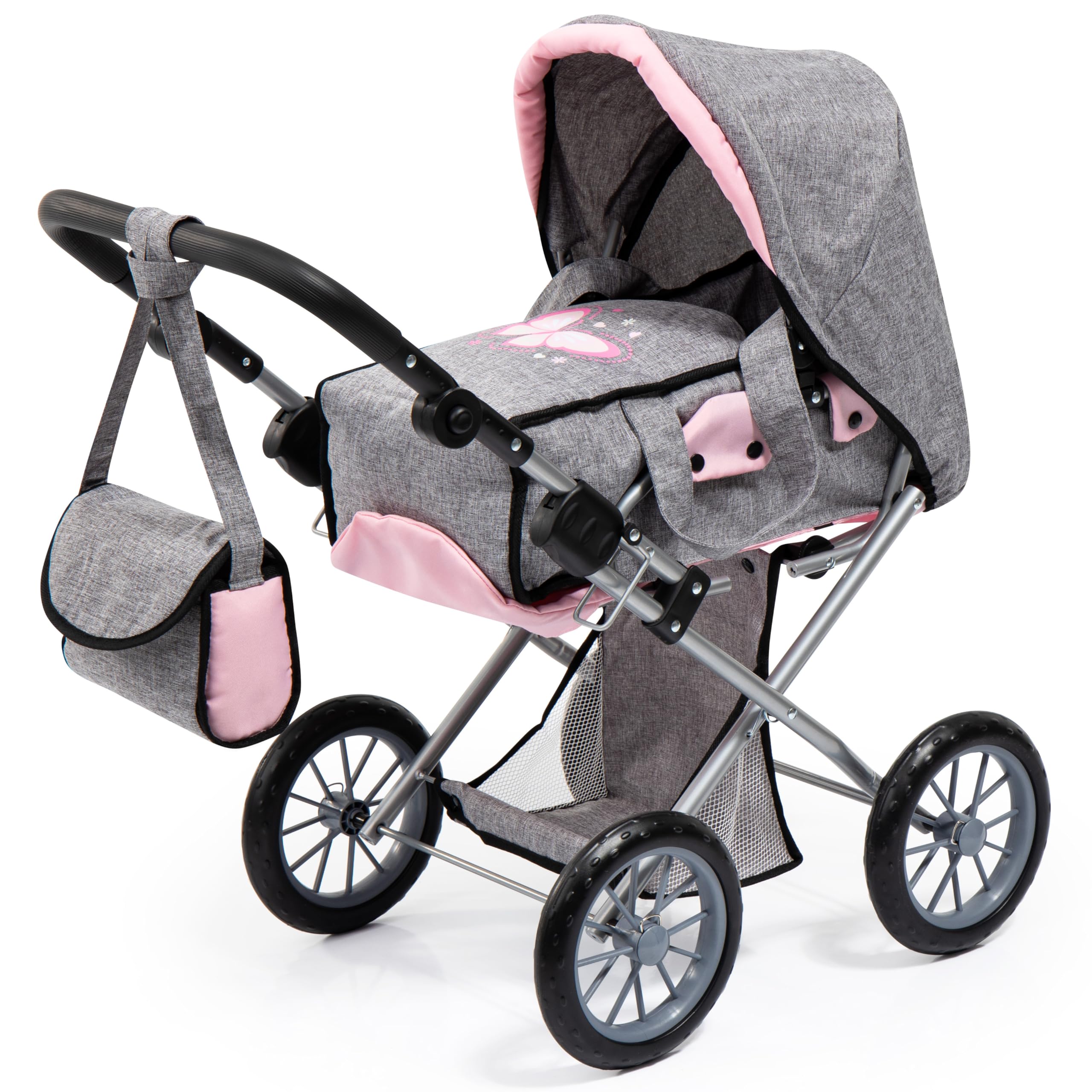 Dolls pram City Star stroller, foldable, adjustable handle, removable carrycot, convertible, Grey Pink Butterfly