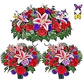 Saxili Artificial Cemetery Flower with Vases for Grave, 3PC,Red Rose Headstone Flower Saddle (Vases Included)