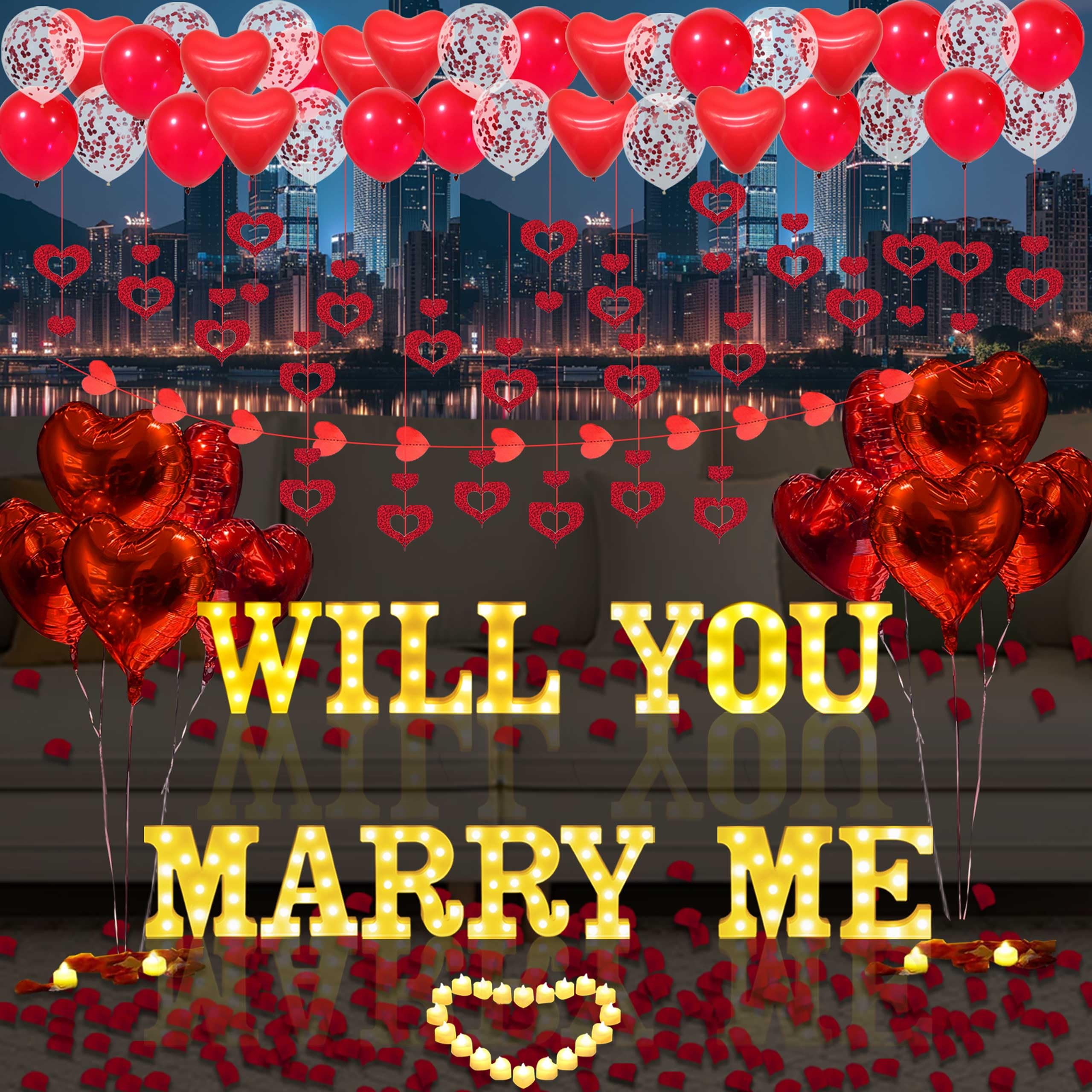 Photo 1 of Will You Marry Me Light Up Letters Proposal Decorations, 14Pcs 6.3" Sign with 24Pcs Flameless Heart Candles 2000Pcs Red Artificial Rose Petals 45Pcs Latex Balloons 10Pcs Heart Balloon Valentine's Day