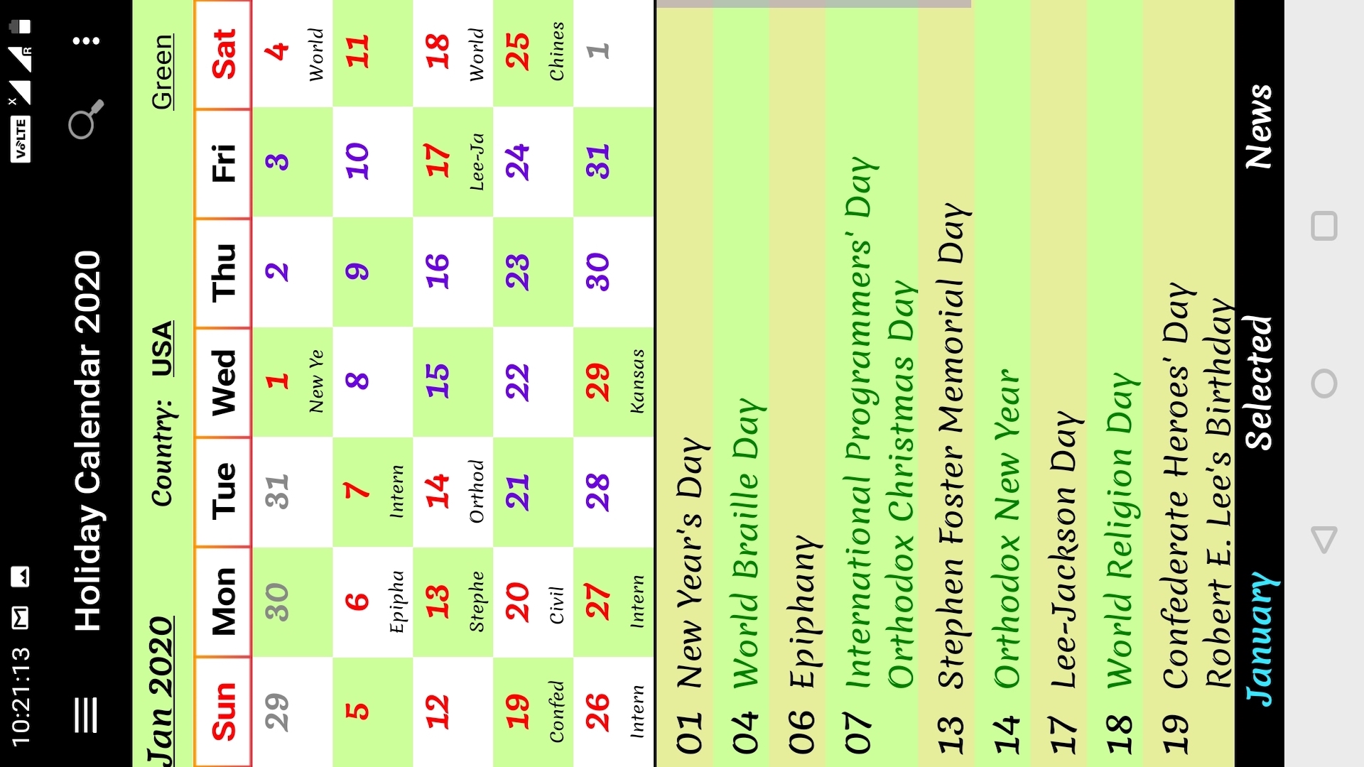 International Holiday Calendar 2020