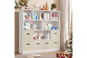 IRONCK Toy Storage Organizer with 6 Bins, Wooden 4-Tier Floor Standing Open Bookshelf Storage Cubby, 12-Cube Storage Shelf Bookcase, Kids Bookshelf and Toy Storage, Beige