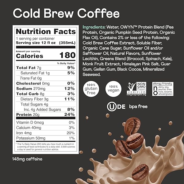 OWYN 100% VEGAN PLANT-BASED PROTEIN SHAKE, COLD BREW COFFEE, 12 PACK, WITH 20G PLANT PROTEIN, OMEGA-3, PREBIOTIC SUPPLEMENTS, SUPERFOODS GREENS BLEND, GLUTEN-FREE, SOY-FREE, NON-GMO