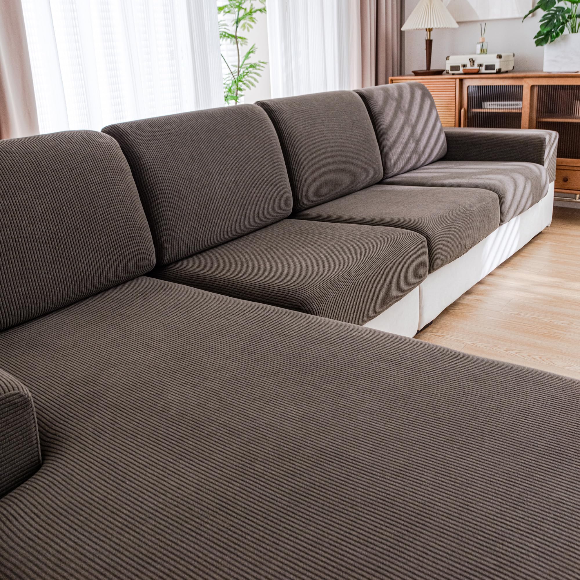 Photo 1 of QIANMEW Couch Cushion Covers, Comfort Soft Magic Sofa Covers Washable Stretch Resistant Slipcovers for Sectional and L Shaped Seats Furniture Protectors for Pets (1PC Back Couch Cover, Brown)
