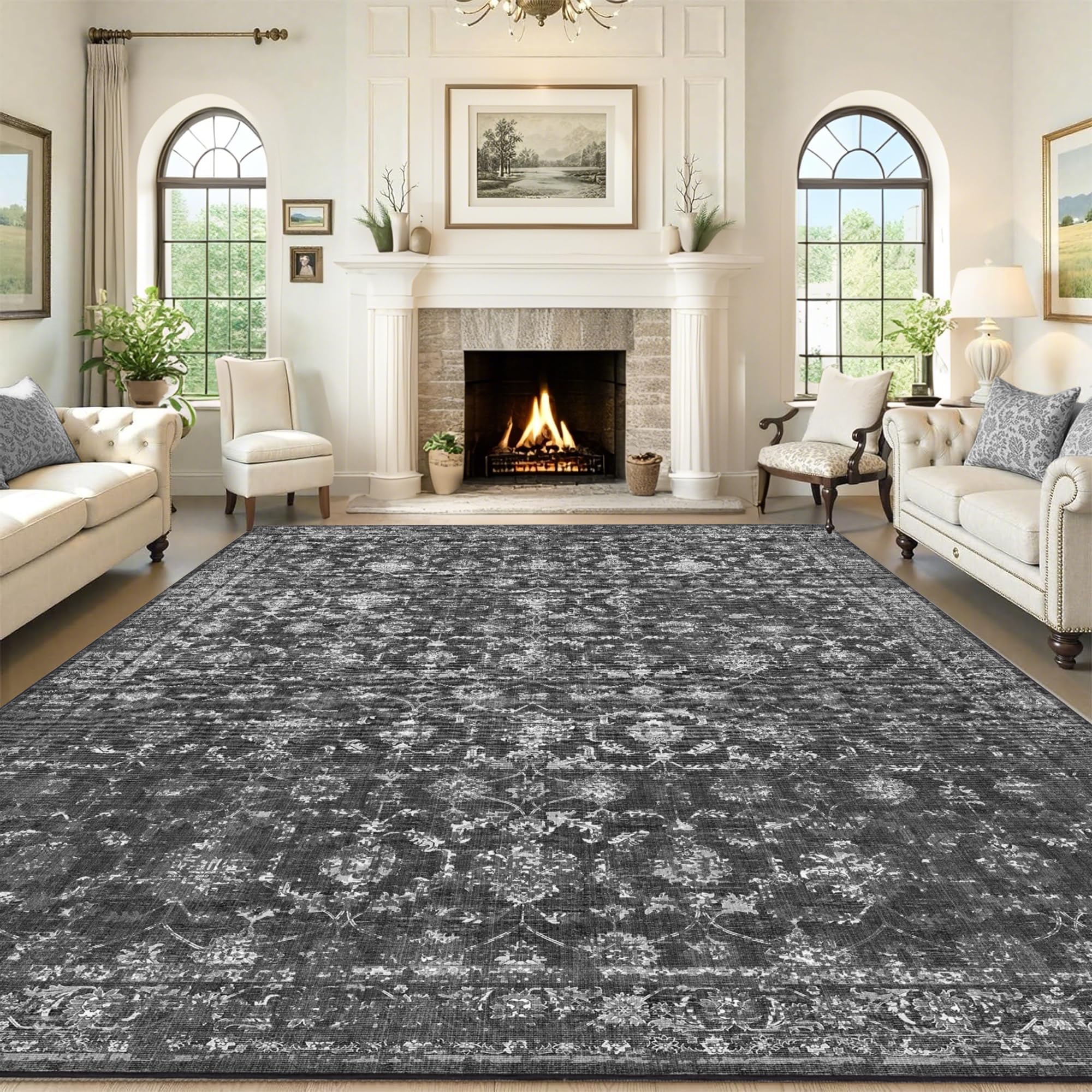 Photo 1 of Washable Area Rug 9x12 Black Rugs for Living Room, Vintage Boho Large Rug for Bedroom Dining Room Office, Distressed Floral Print Carpet for Under Table, Soft Non Slip Low Pile Throw Carpet Indoor Mat