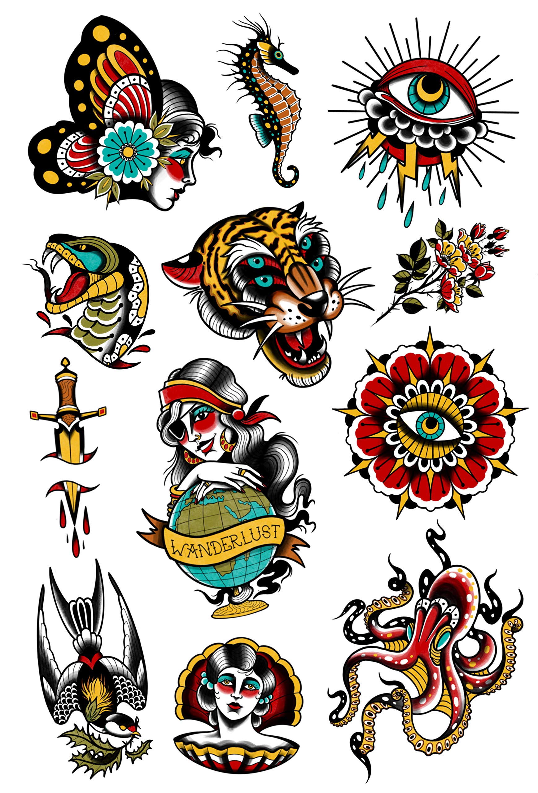 Tatsy Vintage Set, Temporary Tattoo Cover Up Sticker for Men and Women, Waterproof, Made in Eruope Tattoos, Classic Dagger, Wanderlust, Tiger, Seahorse, Signature Set Designed by Pro Erika Tóth