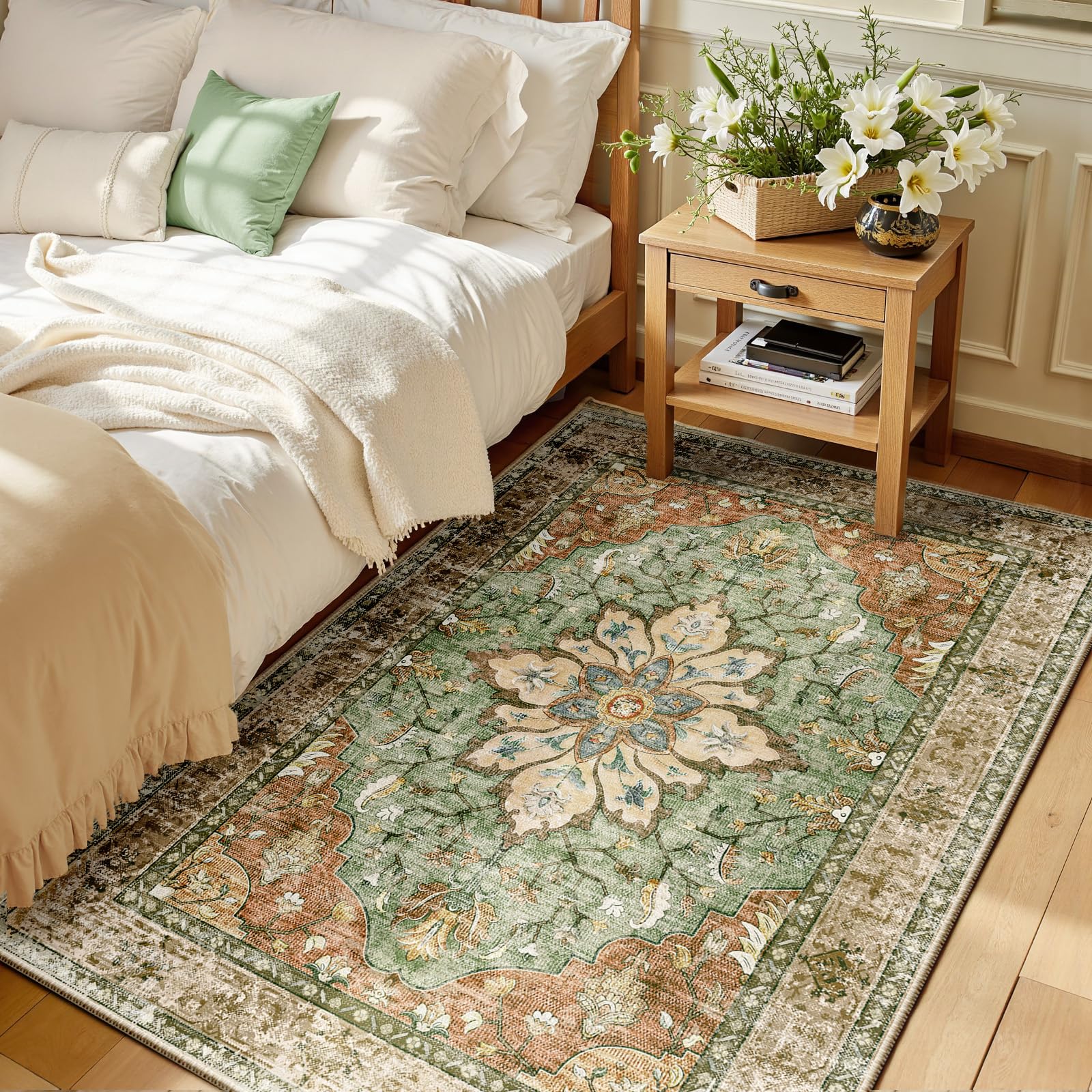 Photo 1 of RELEANY Area Rugs 3'x5' Washable Non-Slip, Floral Vintage Distress Print Pattern Medallion Carpet for Living Room Bedroom Dining Room, Brick Red Rust Neutral Brown Burnt Orange Green
