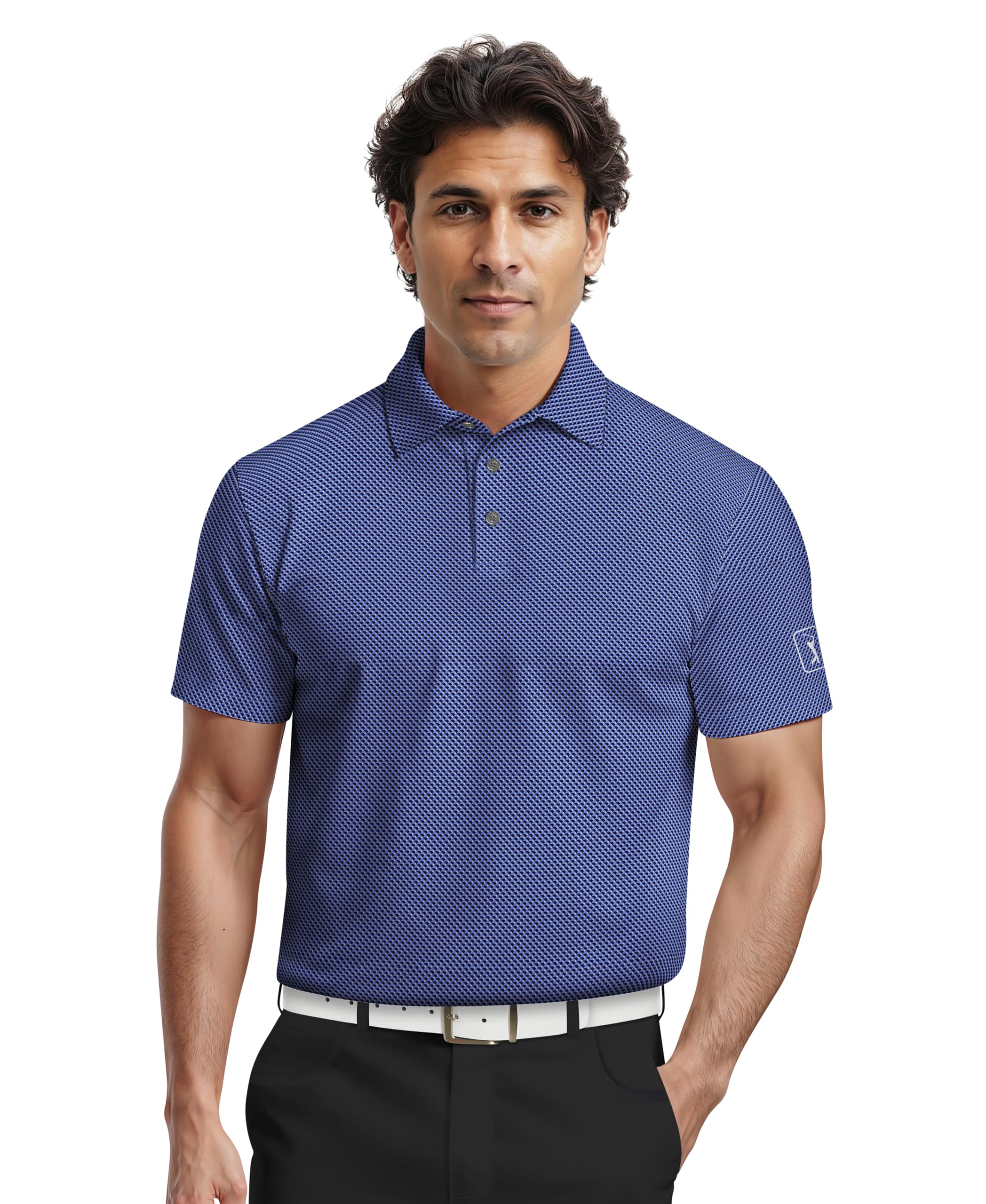 PGA Tour Men’s Short Sleeve Golf Polo with Geo Print and Moisture Wicking Fabric, Peacoat, Medium