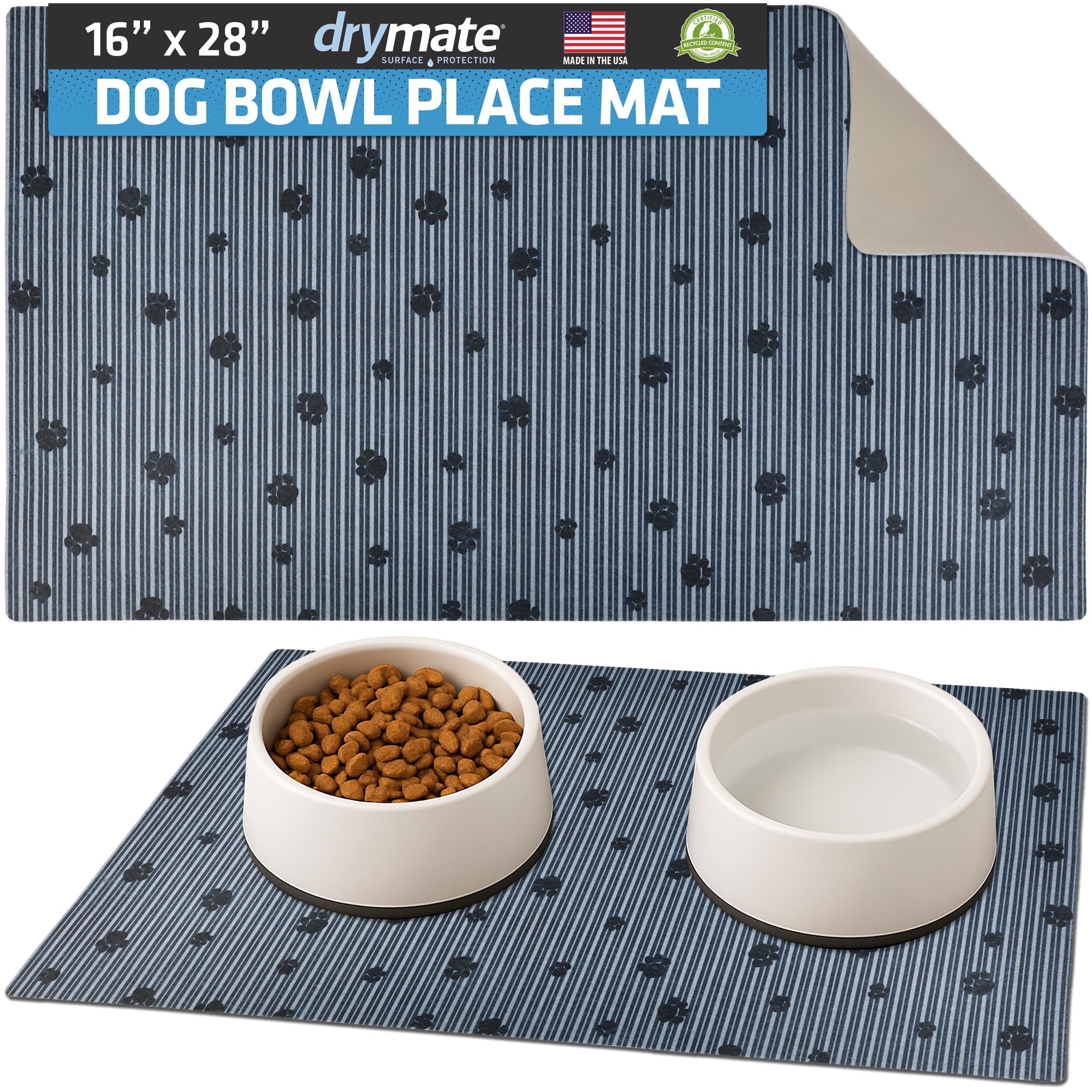 Drymate 16 by 28-Inch Dog Bowl with Large Place Mat in Paw Stripe Design, Grey/Black