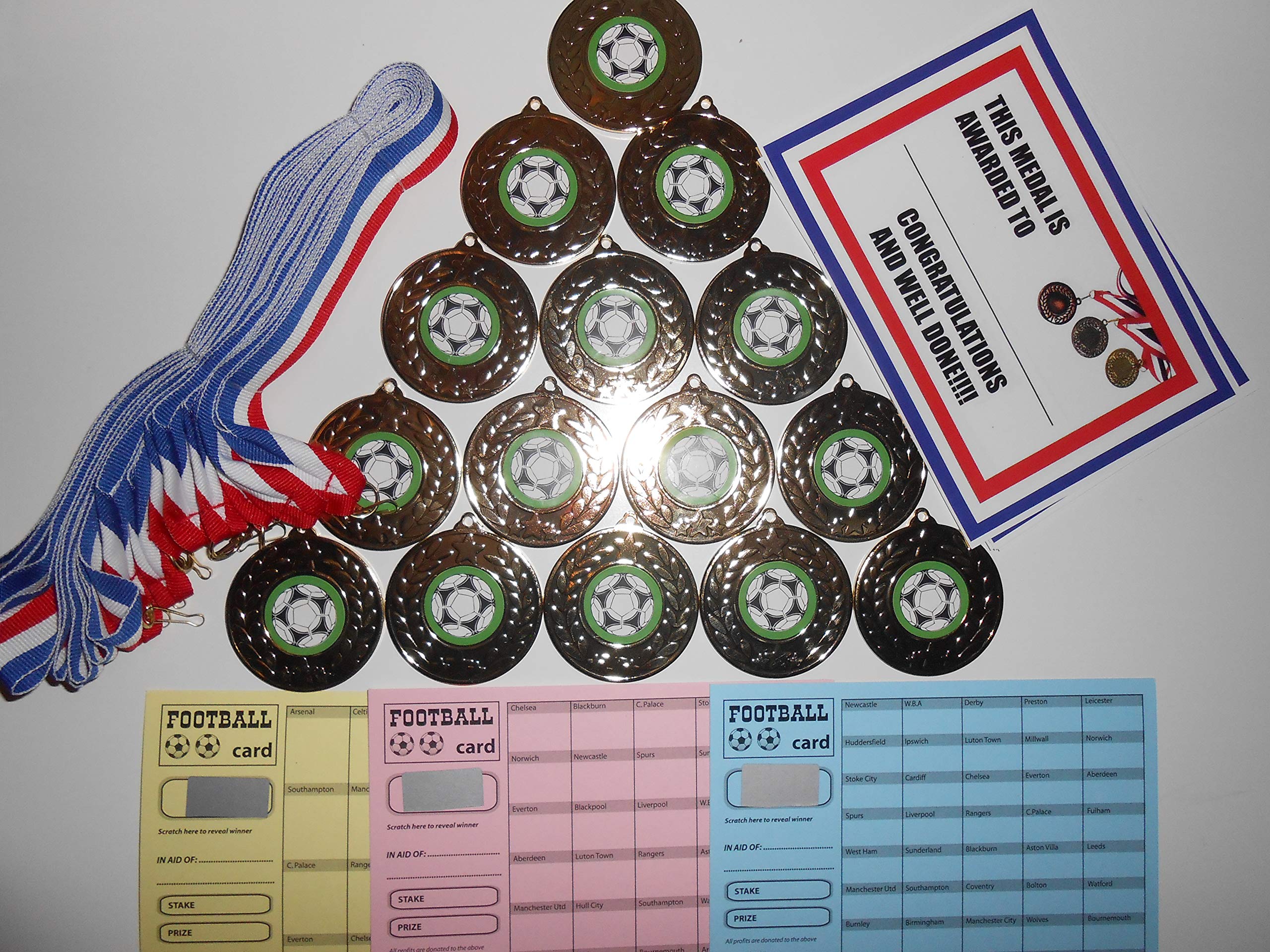 DWL FOOTBALL MEDALS SET OF 15-50MM METAL WITH RED/WHITE AND BLUE RIBBON- COMES IN A BOX