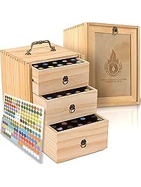 Essential Oil Box - Wooden Storage Case With Handle. Holds 75 Bottles & Roller Balls. 3 Tier Space Saver. Large Organizer Best For Keeping Your Oils Safe. Free EO Labels