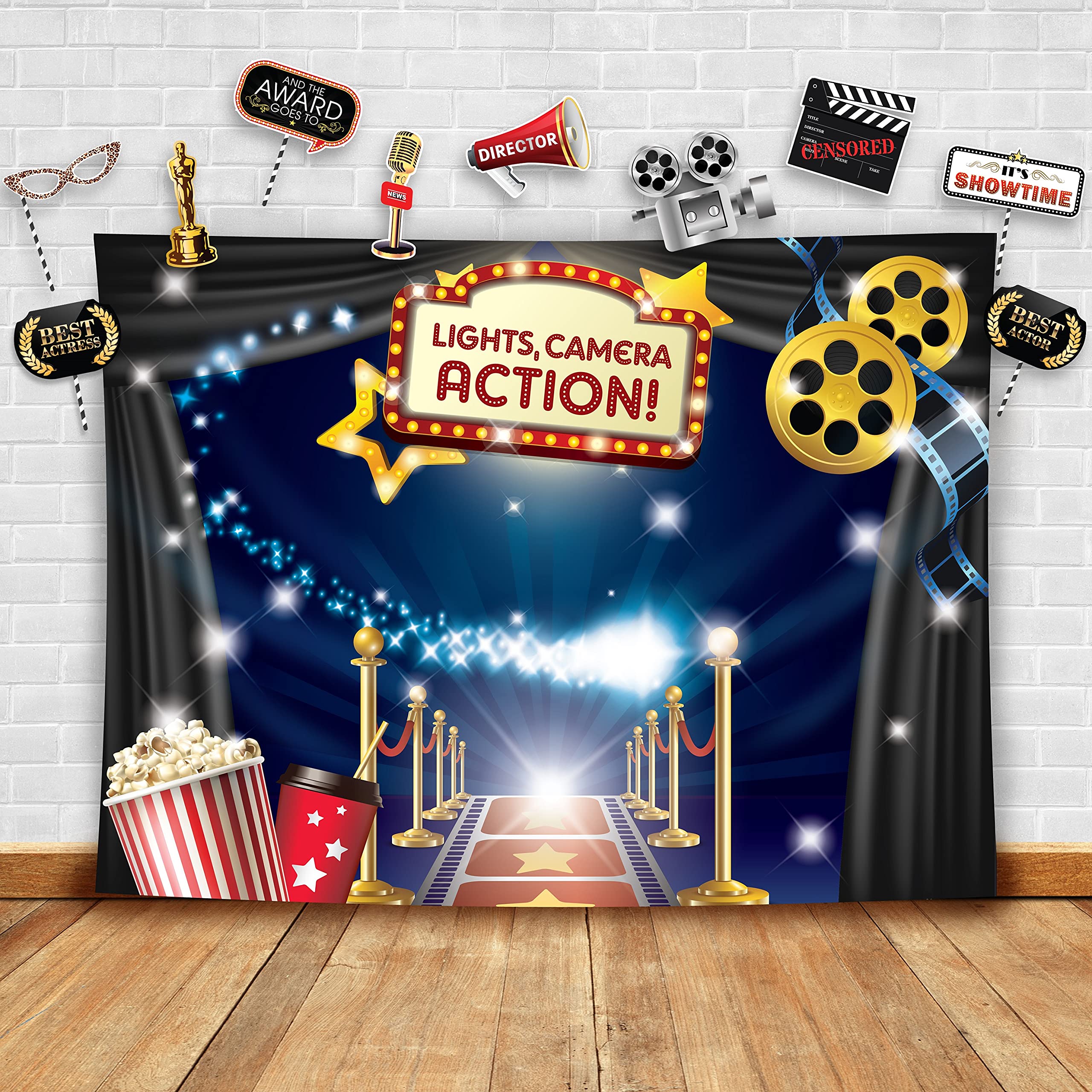Hollywood - Movie Theme Photography Backdrop and Studio Props DIY Kit. Great as Dress-up and Awards Night Ceremony Photo Booth Background, Vintage Costume Birthday Party Supplies and Event Decorations