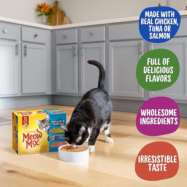 MEOW MIX POULTRY AND SEAFOOD WET CAT FOOD, VARIETY PACK, 2.75 OUNCE CUP (PACK OF 12)