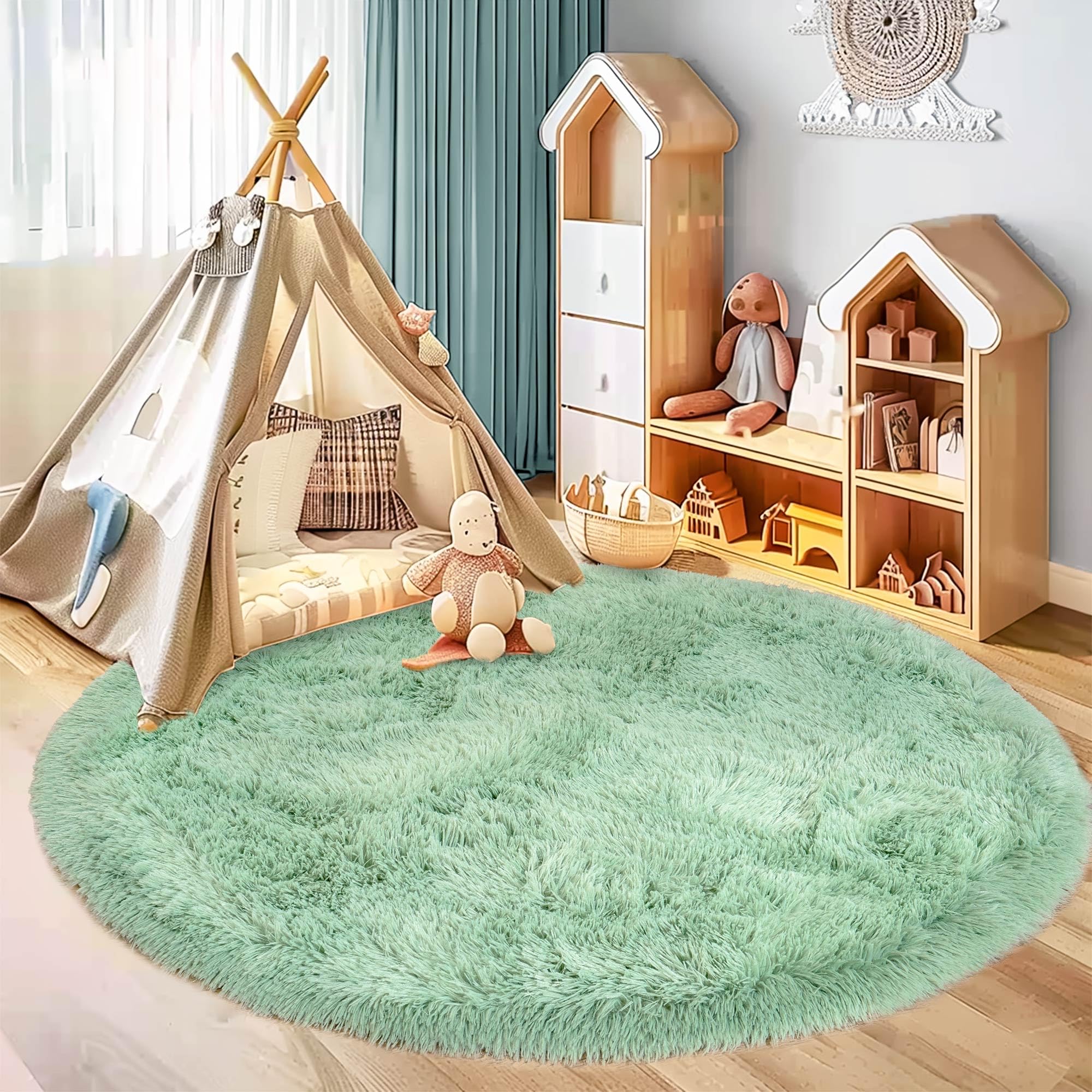 Awaytail Round Fluffy 4FT Sage Green Circle Rug - Super Soft Shaggy Fuzzy Plush Furry Carpet for Kids' Room