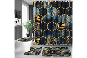 Poedist 4 Pcs Bathroom Shower Curtain Set,Bathroom Sets with Rugs(Bath Mat,U Shape and Toilet Lid Cover Mat) and 12 Hooks,Black and Blue Honeycomb Marble