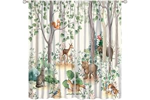 YCNESS Forest Animal Kids Curtains, Wild Rustic Bear Fox Deer Children Cartoon Window Treatments for Living Room, Watercolor Blackout Drapes 2 Panel Sets,42x63 Inch