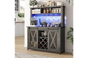 HLIVELOOD 47"Wide 56"H Farmhouse Coffee Bar Cabinet with LED Light,Wine Bar Cabinet w/3 Storage Hutch,Kitchen Buffet Cabinet w/Sliding Barn Door &10 Wine and Glass Racks for Kitchen Dining Room(Dark Rustic Oak)