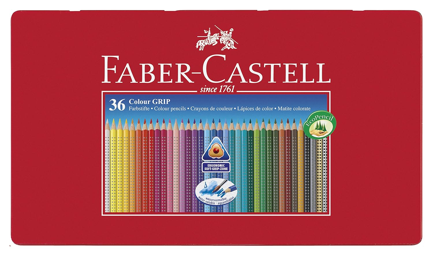 Faber Castell Estuche de metal con ecolápices triangulares de colores Grip acuarelables