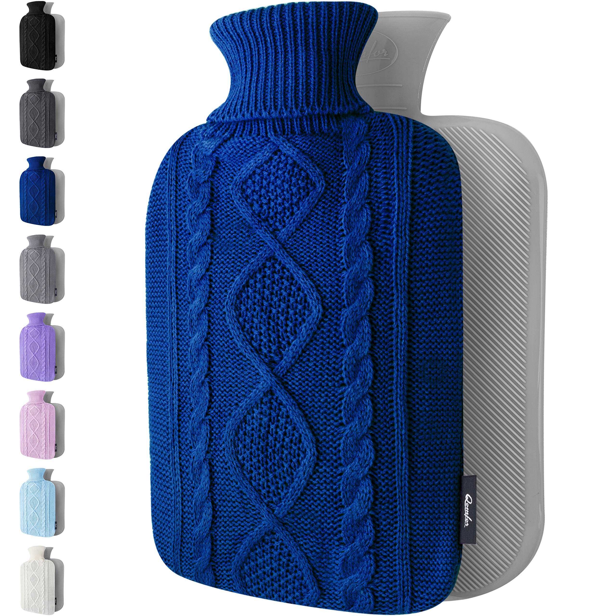 Hot Water Bottle - with Soft Premium Knitted Cover - Dark Blue, 2L - Heating Pad for Menstrual Cramps and Period Comfort - Bed Foot Warmer - Hot & Cold Compress for Back, Stomach, Neck Pain Relief