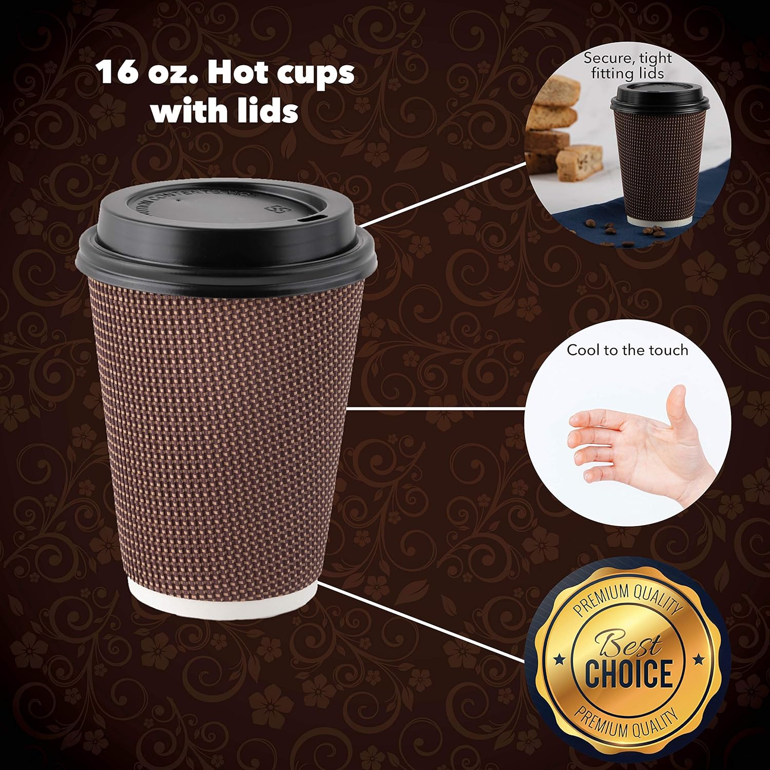 Party Bargains Rippled Hot Cups with Lids | Insulated Double Walled, No Sleeve Needed Disposable Paper Cup for Coffee or Tea | Perfect for To-Go Travel Mug, Parties and More | Size 16 Ounce | 40 Count: Kitchen & Dining