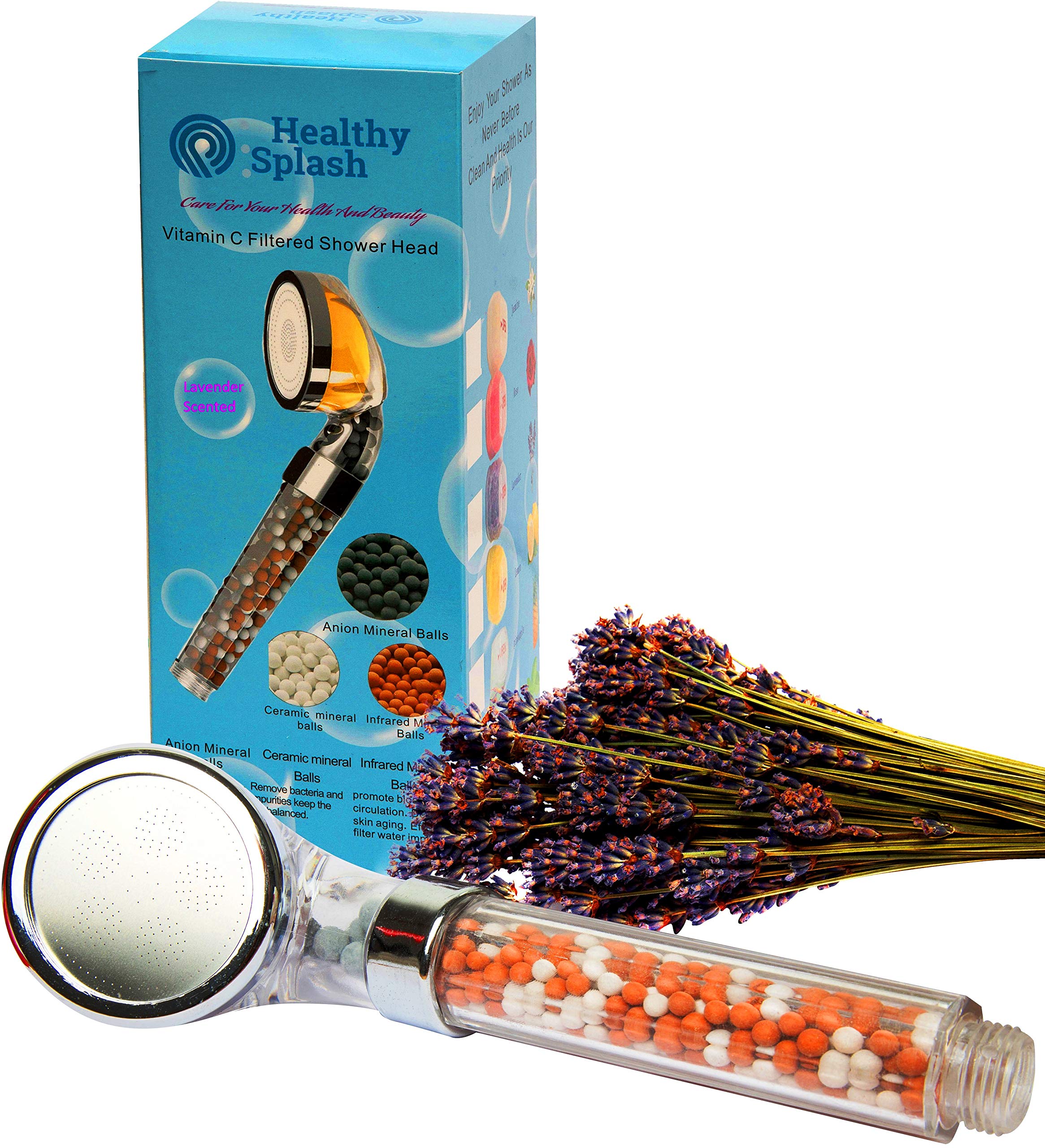 Healthy Splash, Lavender Scented Vitamin C Filtered Hand Shower Head, Fluoride & Chlorine Shower Filter, Softens Hard Water, Increases Water Pressure While Saving Water, Easy Installation