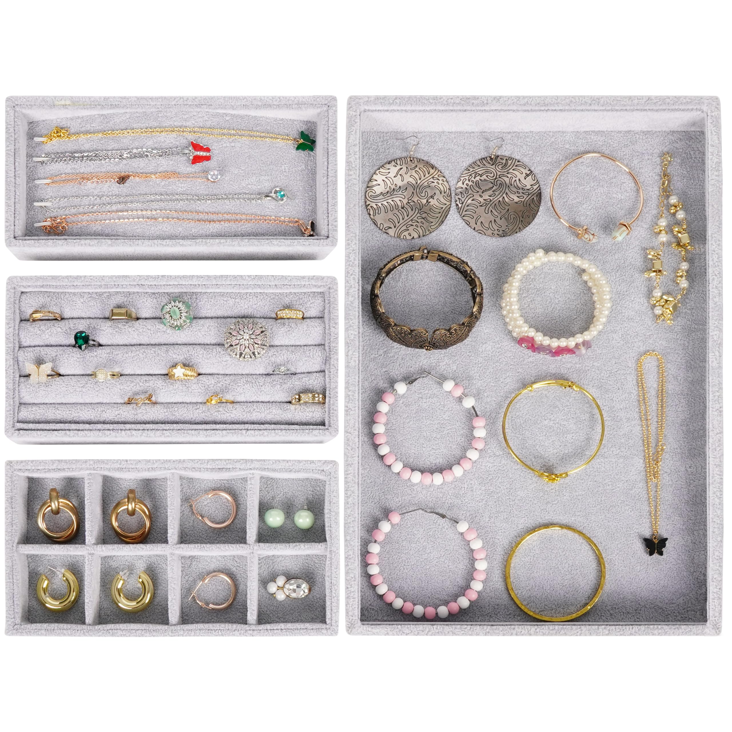 BELLE VOUS Grey Jewellery Organiser Tray Set (4 Pack) - Velvet Stackable Jewellery Draw Organiser Trays - Jewellery Box Inserts/Necklace Organisers - Necklaces, Rings, Bracelets & Earrings Storage