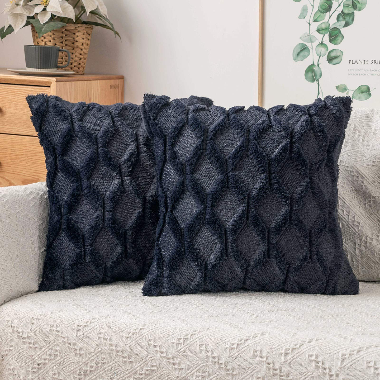 MIULEE Set of 2 Soft Plush Wool and Suede Cushion Covers with Diamond Patterns on Both Sides Decorative Pillowcase for Living Room, Bedroom, Sofa, 45 x 45 cm, Dark Blue