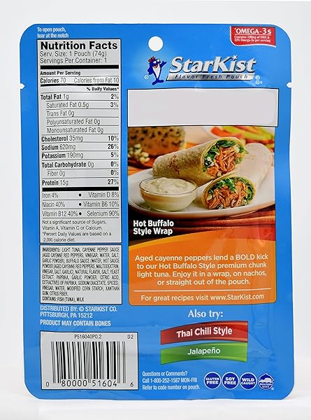 STARKIST TUNA CREATIONS BOLD HOT BUFFALO POUCH (2.6 OZ – 1 PACK) WILD CAUGHT, HIGH PROTEIN SHELF STABLE SEAFOOD, GLUTEN FREE, NO DRAINING, READY TO EAT FOR SALADS AND SANDWICHES