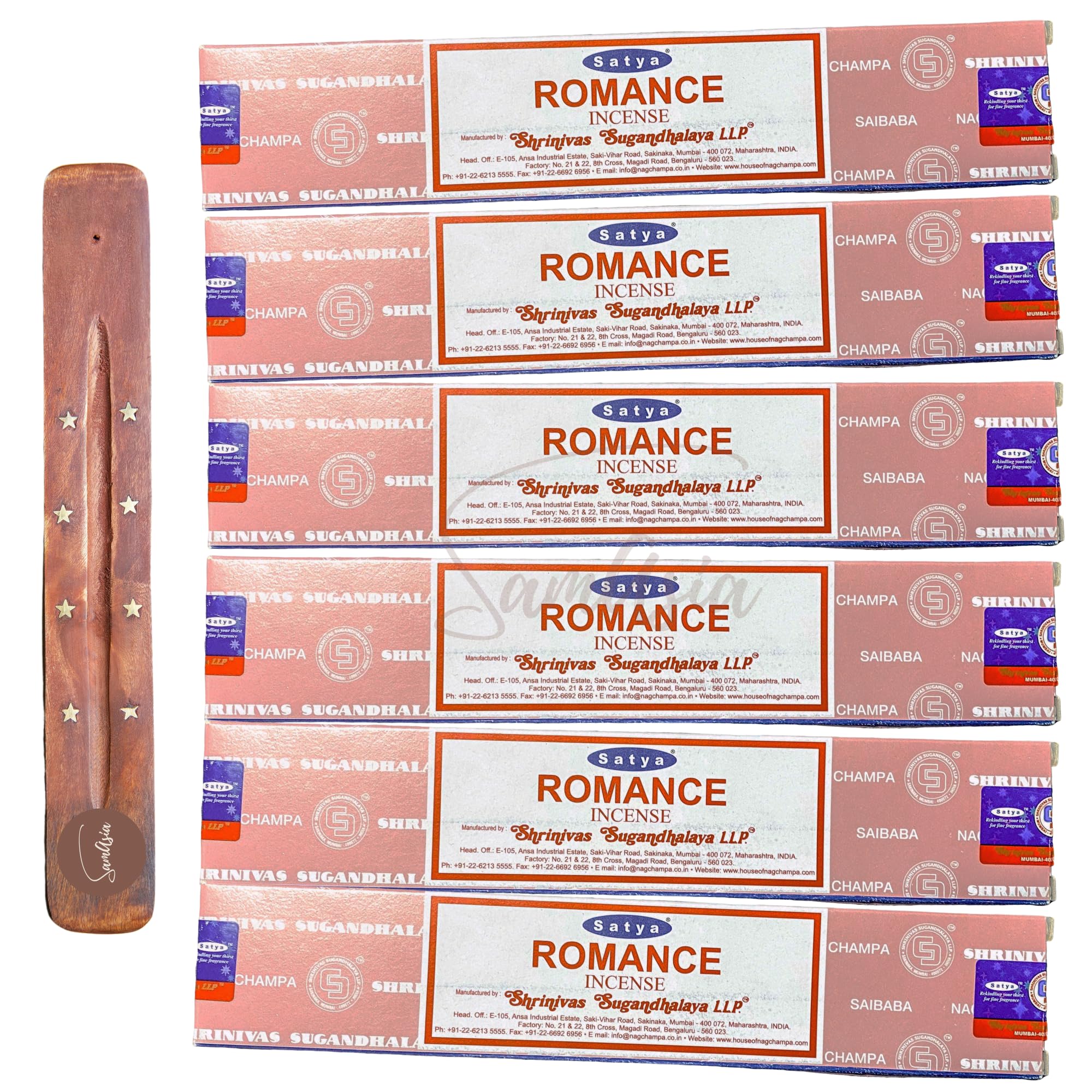 Satya Nag Champa Romance Incense Sticks | x6 pack | with SAMASIA incense sticks holder | Used for Aromatherapy, Spa, Yoga, Weddings, Meditation, Healing, Positivity and Relaxation